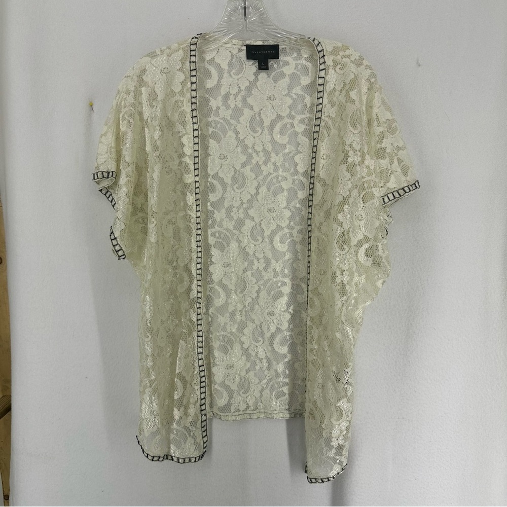 Investments Short Sleeve Lace Cardigan Blouse‎ Womens Large Cream
